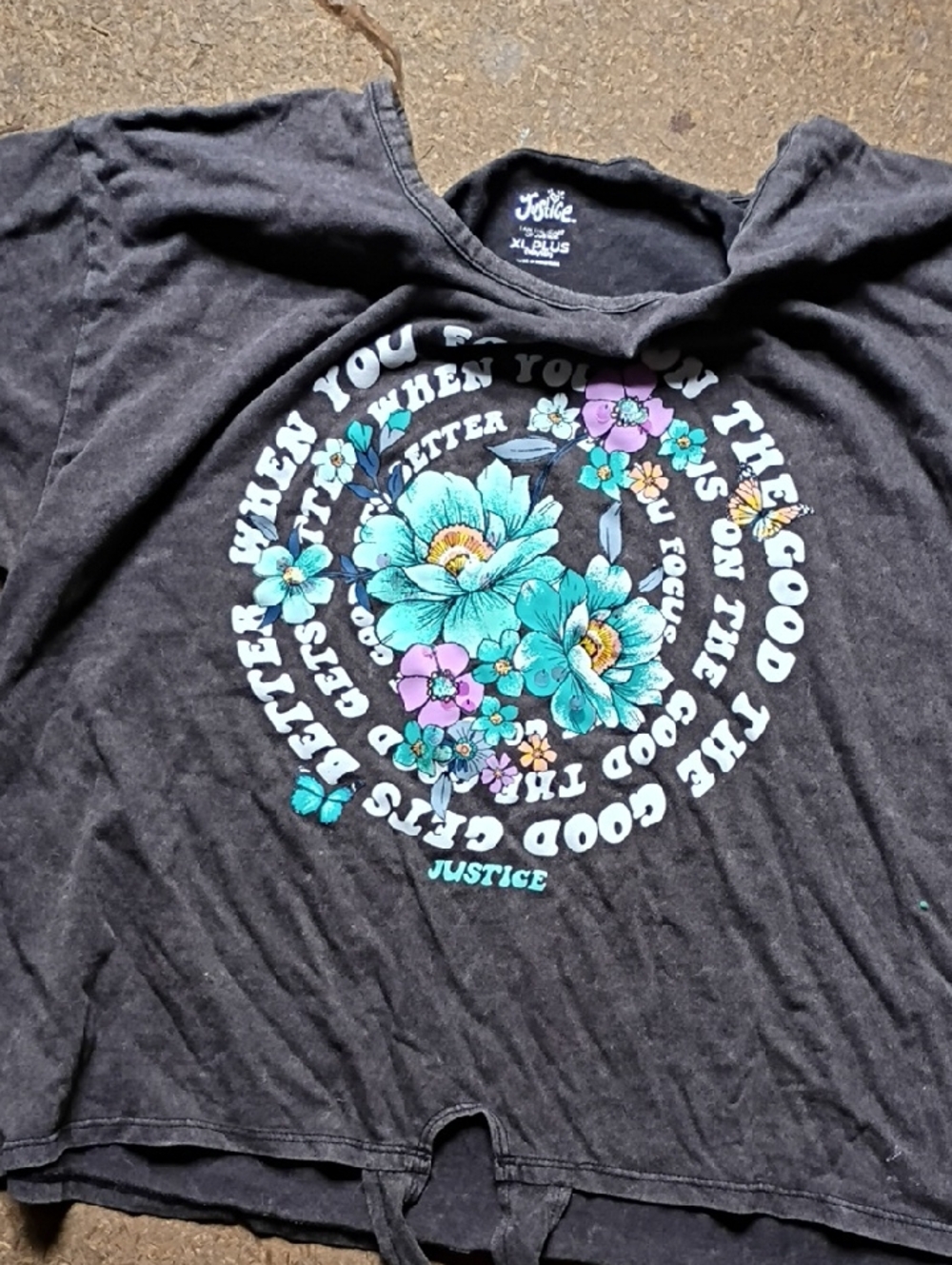 Justice Black Short-Sleeve Tee with Teal & Purple Floral Print